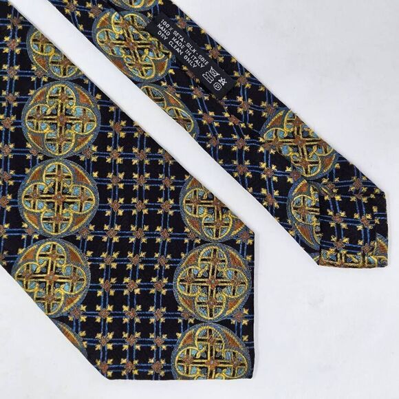 BRIONI SILK TIE BLACK BLUE GOLD NORDIC GEOMETRIC CIRCLES STRIPE 4" X 59" - Picture 1 of 4